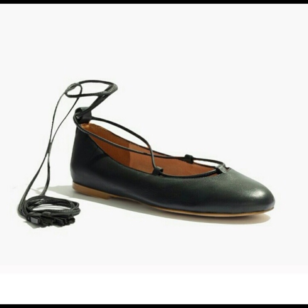 Black Madewell Leather Lace Up Ballet Flats with Ankle Ties